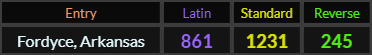 Fordyce Arkansas = 861, 1231, and 245
