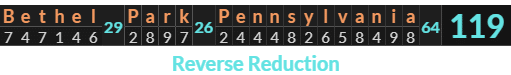 "Bethel Park Pennsylvania" = 119 (Reverse Reduction)