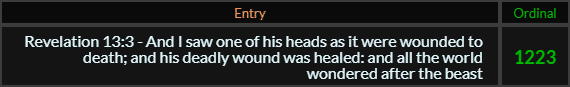Revelation 13 3 And I saw one of his heads as it were wounded to death and his deadly wound was healed and all the world wondered after the beast = 1223 Ordinal
