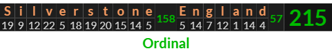 "Silverstone England" = 215 (Ordinal)