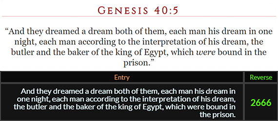 And they dreamed a dream both of them, each man his dream in one night, each man according to the interpretation of his dream, the butler and the baker of the king of Egypt, which were bound in the prison. = 2666 Reverse