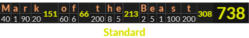 "Mark of the Beast" = 738 (Standard)