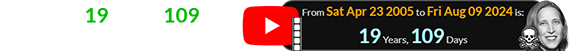It was also 19 years, 109 days after YouTube went online: