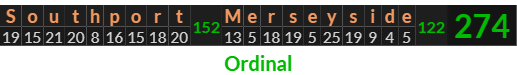 "Southport Merseyside" = 274 (Ordinal)