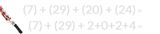 (7) + (29) + (20) + (24) = 80 and (7) + (29) + 2+0+2+4 = 44