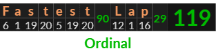 "Fastest Lap" = 119 (Ordinal)