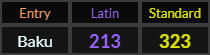 Baku = 213 Latin and 323 Standard