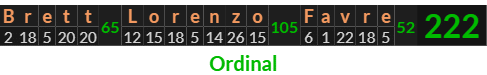 "Brett Lorenzo Favre" = 222 (Ordinal)