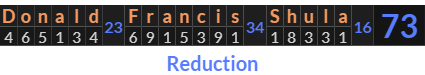 "Donald Francis Shula" = 73 (Reduction)