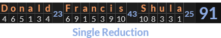 "Donald Francis Shula" = 91 (Single Reduction)