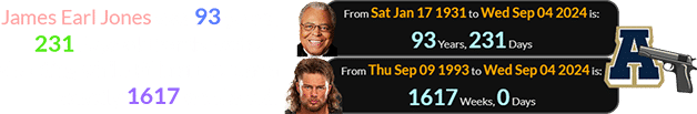 James Earl Jones was 93 years, 231 days old for the school shooting while Pillman Jr. was a exactly 1617 weeks old: