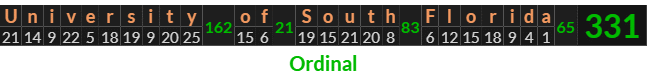 "University of South Florida" = 331 (Ordinal)