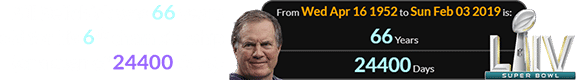 Bill Belichick was 66 years old for his 6th championship (or a span of 24400 days):