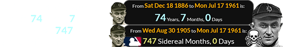 Ty Cobb died at a span of exactly 74 years, 7 months of age, 747 Sidereal months after his first game: