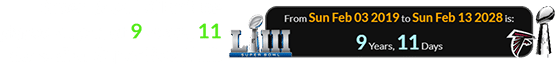 Super Bowl LXII will be played a span of 9 years, 11 days after Super Bowl LIII: