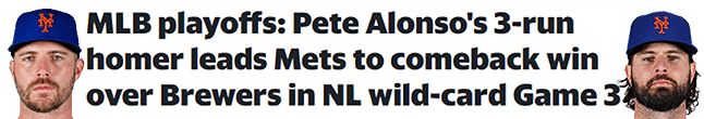 MLB playoffs: Pete Alonso's 3-run homer leads Mets to comeback win over Brewers in NL wild-card Game 3