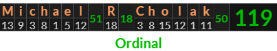 "Michael R Cholak" = 119 (Ordinal)