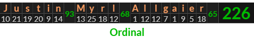 "Justin Myrl Allgaier" = 226 (Ordinal)