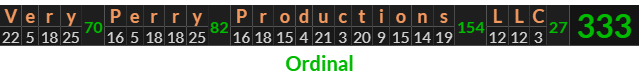 "Very Perry Productions LLC" = 333 (Ordinal)