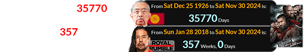 WarGames was 35770 days after Hirohito became Emperor and exactly 357 weeks after Shinsuke won the Rumble: