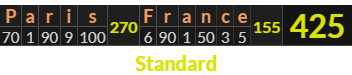 "Paris France" = 425 (Standard)