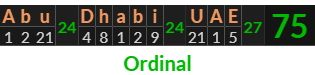 "Abu Dhabi UAE" = 75 (Ordinal)