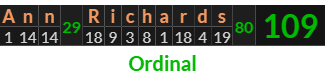 "Ann Richards" = 109 (Ordinal)