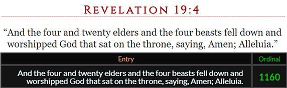 And the four and twenty elders and the four beasts fell down and worshipped God that sat on the throne saying Amen Alleluia = 1160 Ordinal