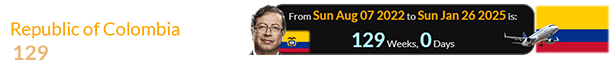 Petro became president of the Republic of Colombia exactly 129 weeks before the story: