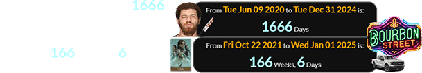 New Year’s Eve was 1666 days after Abdul-Jabbar stabbed a guy and New Year’s Day was 166 weeks, 6 weeks after the release of Dune: