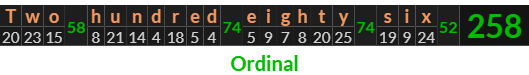 "Two hundred eighty six" = 258 (Ordinal)