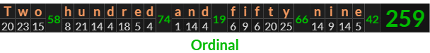 "Two hundred and fifty nine" = 259 (Ordinal)