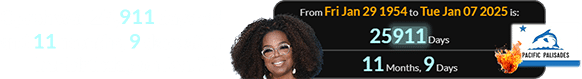 Oprah was 25,911 days old and 11 months, 9 days after her birthday on Jan. 7th: