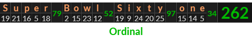 "Super Bowl Sixty one" = 262 (Ordinal)