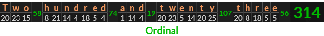 "Two hundred and twenty three" = 314 (Ordinal)