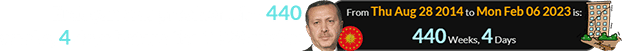 Erdogan was president for 440 weeks, 4 days before the 2023 quake: