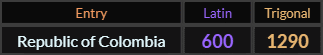 Republic of Colombia = 600 and 1290