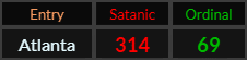 Atlanta = 314 Satanic and 69 Ordinal