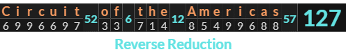 "Circuit of the Americas" = 127 (Reverse Reduction)