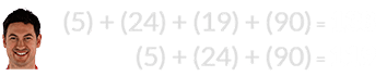 (5) + (24) + (19) + (90) = 138 and (5) + (24) + (90) = 119