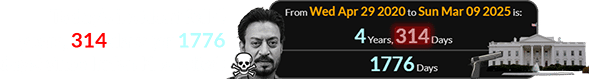 Today’s incident fell 4 years, 314 days (or 1776 days) since Irrfan Khan died: