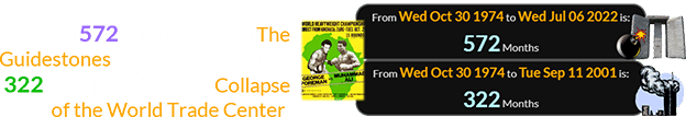 The Rumble in the Jungle was held 572 months before The Guidestones were destroyed and 322 months before the Collapse of the World Trade Center: