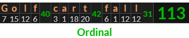 "Golf cart fall" = 113 (Ordinal)
