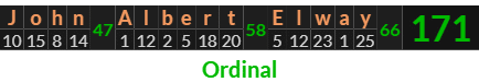 "John Albert Elway" = 171 (Ordinal)
