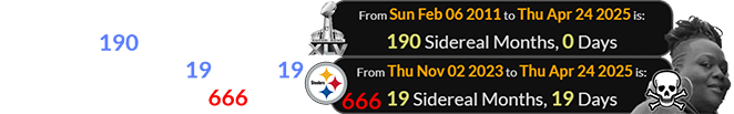 Derrick Harmon’s mother died exactly 190 Lunar orbits, after Super Bowl XLV and 19 orbits, 19 days after the Steelers’ 666th win: