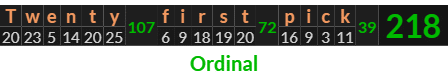 "Twenty first pick" = 218 (Ordinal)