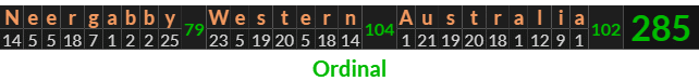 "Neergabby Western Australia" = 285 (Ordinal)