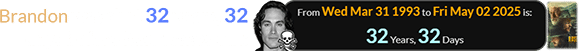 Brandon was shot 32 years, 32 days before Rust comes out: