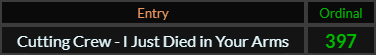 "Cutting Crew I Just Died in Your Arms" = 397 (Ordinal)