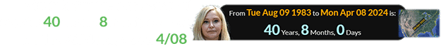 Virginia Giuffre was a span of exactly 40 years, 8 months of age for the 2024 Eclipse on 4/08: